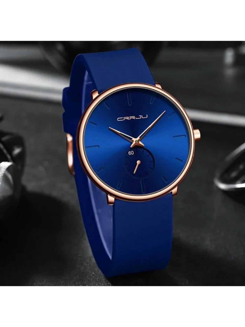 Crrju Men's Blue Rose Stylish Waterproof Quartz Unisex Ultra Silicone Band Watch